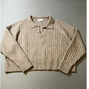 MOD ON TREND Women's Knit Collared Pullover Sweater Size L Tan Ribbed Cropped